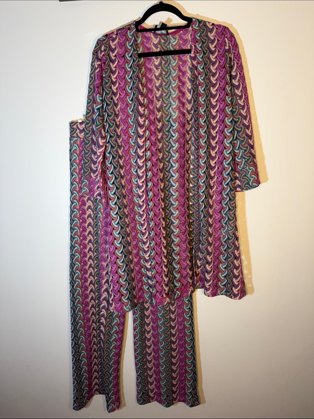 Bohemian Retro Hippy Duster Purple Multicolor Wide Leg Pant Set Medium